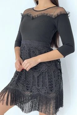 Robe Chic Noire à Manches 3/4 Et Doublure Ajourée à Franges -Féminité Couture robe chic noire a manches 34 et doublure ajouree a franges 2