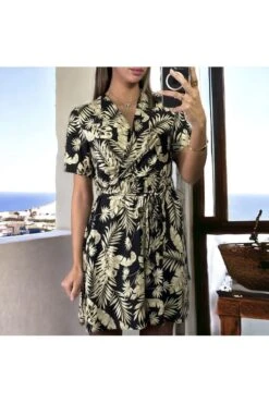 Robe Croisé Motif Feuille Noir Et Beige -Féminité Couture robe croise motif feuille noir et beige 2
