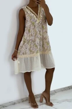 Robe D'été Beige à Imprimé Coloré Et Crochet Style Bohème -Féminité Couture robe d ete beige a imprime colore et crochet style boheme 5