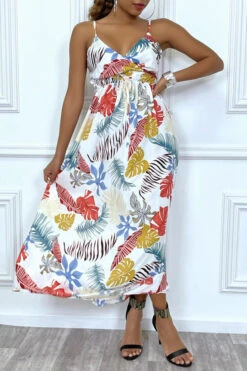 Robe D'été Blanche Longue Et Fluide à Imprimé Tropical Multicolor -Féminité Couture robe d ete blanche longue et fluide a imprime tropical multicolor 2