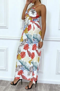 Robe D'été Blanche Longue Et Fluide à Imprimé Tropical Multicolor -Féminité Couture robe d ete blanche longue et fluide a imprime tropical multicolor 4
