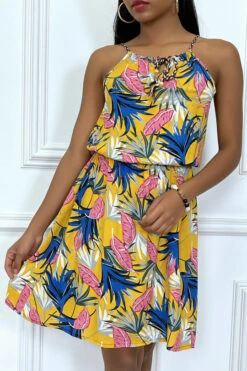 Robe D'été Jaune Mi Longue Motif Tropicale -Féminité Couture robe d ete jaune mi longue motif tropicale 2
