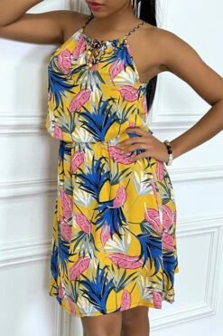 Robe D'été Jaune Mi Longue Motif Tropicale -Féminité Couture robe d ete jaune mi longue motif tropicale 4