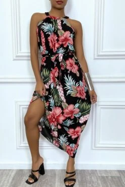 Robe D'été Longue Noir à Fleurs Tropicales Rouges -Féminité Couture robe d ete longue noir a fleurs tropicales rouges 2