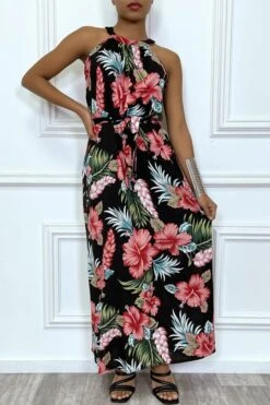 Robe D'été Longue Noir à Fleurs Tropicales Rouges