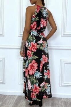 Robe D'été Longue Noir à Fleurs Tropicales Rouges -Féminité Couture robe d ete longue noir a fleurs tropicales rouges 3