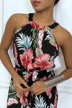 Robe D'été Longue Noir à Fleurs Tropicales Rouges -Féminité Couture robe d ete longue noir a fleurs tropicales rouges 4