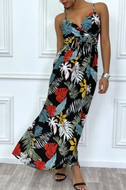 Robe D'été Noir Longue Et Fluide à Imprimé Tropical Multicolor -Féminité Couture robe d ete noir longue et fluide a imprime tropical multicolor 2