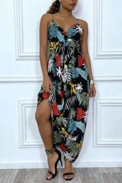 Robe D'été Noir Longue Et Fluide à Imprimé Tropical Multicolor -Féminité Couture robe d ete noir longue et fluide a imprime tropical multicolor 4
