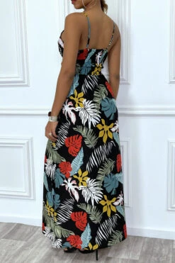 Robe D'été Noir Longue Et Fluide à Imprimé Tropical Multicolor -Féminité Couture robe d ete noir longue et fluide a imprime tropical multicolor 5