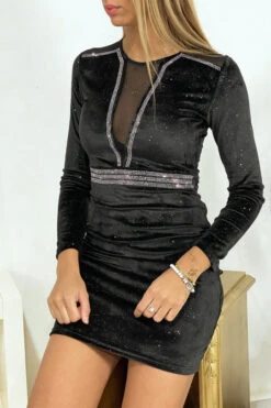Robe De Soirée En Velours Pailleté Noir Ornée De Strass -Féminité Couture robe de soiree en velours paillete noir ornee de strass 8