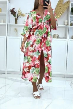 Robe Fleurie Rose Col V Manche Mi-longue Fendu Sur Les Cotés -Féminité Couture robe fleurie rose col v manche mi longue fendu sur les cotes 2