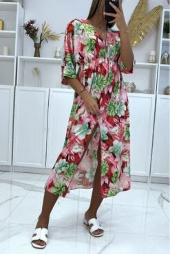 Robe Fleurie Rose Col V Manche Mi-longue Fendu Sur Les Cotés -Féminité Couture robe fleurie rose col v manche mi longue fendu sur les cotes 3