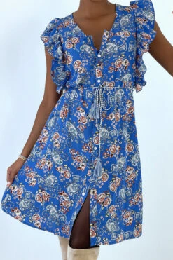 Robe Fluide Bleu Volantée à Boutons Et Imprimé Floral