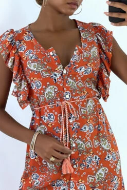 Robe Fluide Orange Volantée à Boutons Et Imprimé Floral -Féminité Couture robe fluide orange volantee a boutons et imprime floral 2