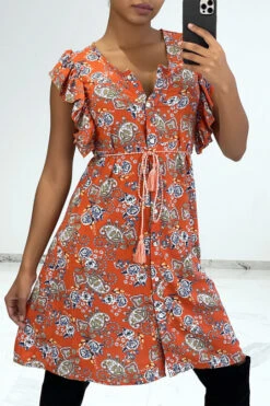 Robe Fluide Orange Volantée à Boutons Et Imprimé Floral -Féminité Couture robe fluide orange volantee a boutons et imprime floral 6