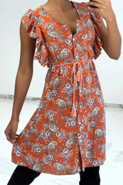 Robe Fluide Orange Volantée à Boutons Et Imprimé Floral -Féminité Couture robe fluide orange volantee a boutons et imprime floral 7