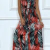 Robe Longue à Col Rond Et Imprimé Tropical Rouge -Féminité Couture robe longue a col rond et imprime tropical rouge