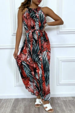 Robe Longue à Col Rond Et Imprimé Tropical Rouge -Féminité Couture robe longue a col rond et imprime tropical rouge 2