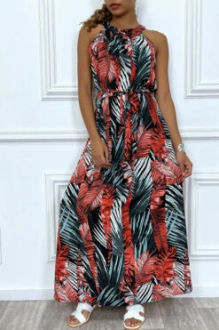 Robe Longue à Col Rond Et Imprimé Tropical Rouge