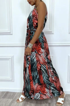 Robe Longue à Col Rond Et Imprimé Tropical Rouge -Féminité Couture robe longue a col rond et imprime tropical rouge 4