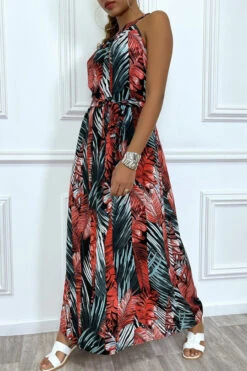 Robe Longue à Col Rond Et Imprimé Tropical Rouge -Féminité Couture robe longue a col rond et imprime tropical rouge 5