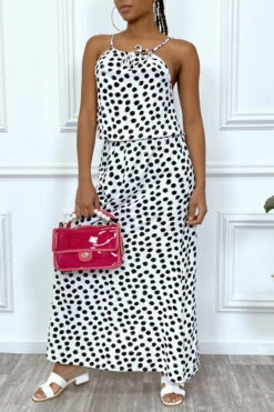Robe Longue Blanche à Petit Pois Noir Col Montant Et Elastique à La Taille -Féminité Couture robe longue blanche a petit pois noir col montant et elastique a la taille 6