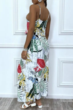 Robe Longue Blanche Motif Feuilles Avec Col Montant Et Elastique à La Taille -Féminité Couture robe longue blanche motif feuilles avec col montant et elastique a la taille 2