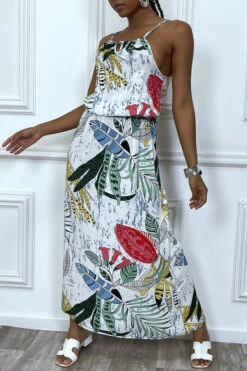 Robe Longue Blanche Motif Feuilles Avec Col Montant Et Elastique à La Taille -Féminité Couture robe longue blanche motif feuilles avec col montant et elastique a la taille 3