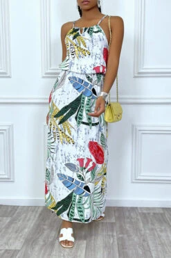 Robe Longue Blanche Motif Feuilles Avec Col Montant Et Elastique à La Taille -Féminité Couture robe longue blanche motif feuilles avec col montant et elastique a la taille 5