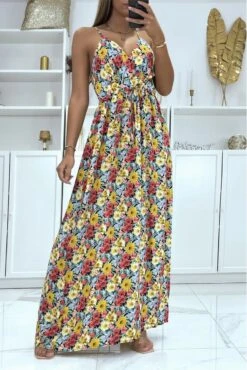 Robe Longue Cache-coeur Jaune Motif Fleuris