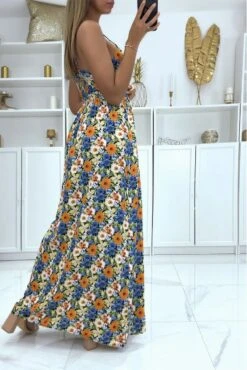 Robe Longue Cache-coeur Orange Motif Fleuris -Féminité Couture robe longue cache coeur orange motif fleuris 2