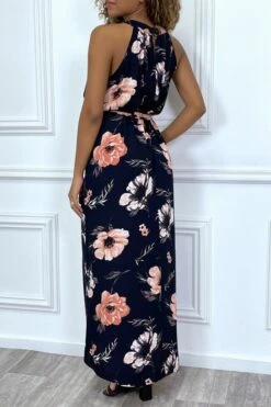 Robe Longue Marine Avec Imprimés Floraux, à Col Rond Sans Manches -Féminité Couture robe longue marine avec imprimes floraux a col rond sans manches 2