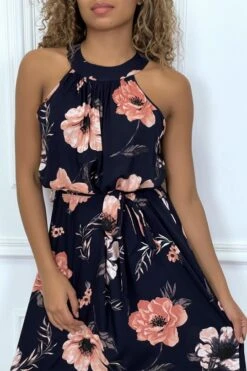 Robe Longue Marine Avec Imprimés Floraux, à Col Rond Sans Manches