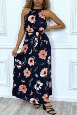 Robe Longue Marine Avec Imprimés Floraux, à Col Rond Sans Manches -Féminité Couture robe longue marine avec imprimes floraux a col rond sans manches 4