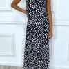 Robe Longue Noir à Petit Pois Blanc Col Montant Et Elastique à La Taille -Féminité Couture robe longue noir a petit pois blanc col montant et elastique a la taille