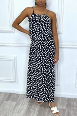 Robe Longue Noir à Petit Pois Blanc Col Montant Et Elastique à La Taille