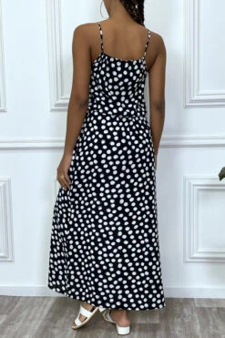 Robe Longue Noir à Petit Pois Blanc Col Montant Et Elastique à La Taille -Féminité Couture robe longue noir a petit pois blanc col montant et elastique a la taille 3