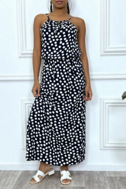 Robe Longue Noir à Petit Pois Blanc Col Montant Et Elastique à La Taille -Féminité Couture robe longue noir a petit pois blanc col montant et elastique a la taille 4