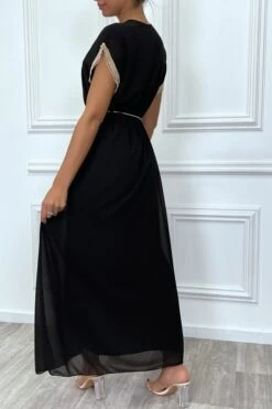 Robe Longue Noir Avec Broderie Et Ceinture Lacet Beige