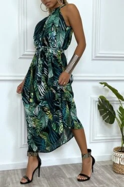 Robe Longue Noir Col Montant à Motif Feuilles -Féminité Couture robe longue noir col montant a motif feuilles 2