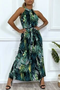Robe Longue Noir Col Montant à Motif Feuilles