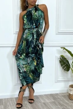 Robe Longue Noir Col Montant à Motif Feuilles -Féminité Couture robe longue noir col montant a motif feuilles 3