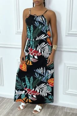 Robe Longue Noir Motif Feuilles Avec Col Montant Et Elastique à La Taille -Féminité Couture robe longue noir motif feuilles avec col montant et elastique a la taille 2
