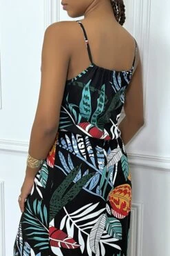 Robe Longue Noir Motif Feuilles Avec Col Montant Et Elastique à La Taille