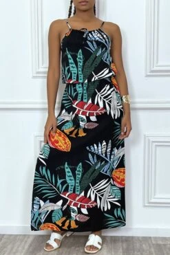 Robe Longue Noir Motif Feuilles Avec Col Montant Et Elastique à La Taille -Féminité Couture robe longue noir motif feuilles avec col montant et elastique a la taille 3