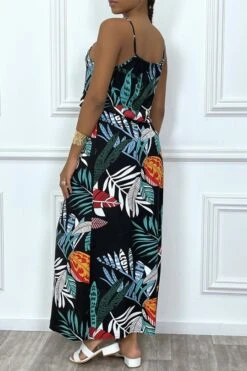 Robe Longue Noir Motif Feuilles Avec Col Montant Et Elastique à La Taille -Féminité Couture robe longue noir motif feuilles avec col montant et elastique a la taille 4