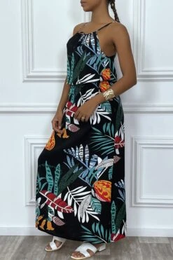 Robe Longue Noir Motif Feuilles Avec Col Montant Et Elastique à La Taille -Féminité Couture robe longue noir motif feuilles avec col montant et elastique a la taille 5