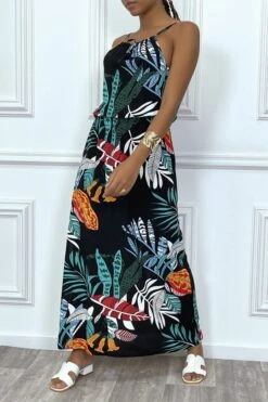 Robe Longue Noir Motif Feuilles Avec Col Montant Et Elastique à La Taille -Féminité Couture robe longue noir motif feuilles avec col montant et elastique a la taille 6