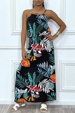 Robe Longue Noir Motif Feuilles Avec Col Montant Et Elastique à La Taille -Féminité Couture robe longue noir motif feuilles avec col montant et elastique a la taille 7